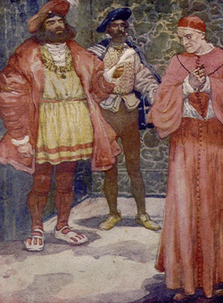 large man holding paper toward man in Catholic cardinal's garments walking away