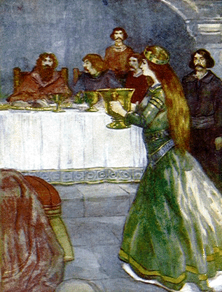 woman carrying large cup toward men seated at long dining table