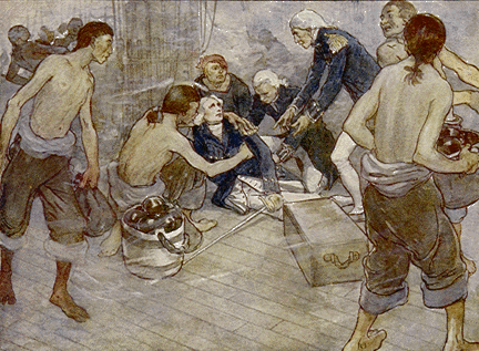 sailors surrounding injured man on the deck of a ship