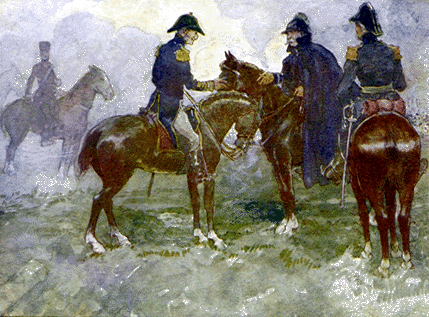 three men on horseback greeting each other