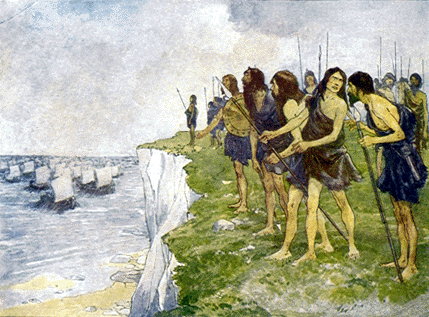 men with spears standing on cliff as fleet of ships approaches