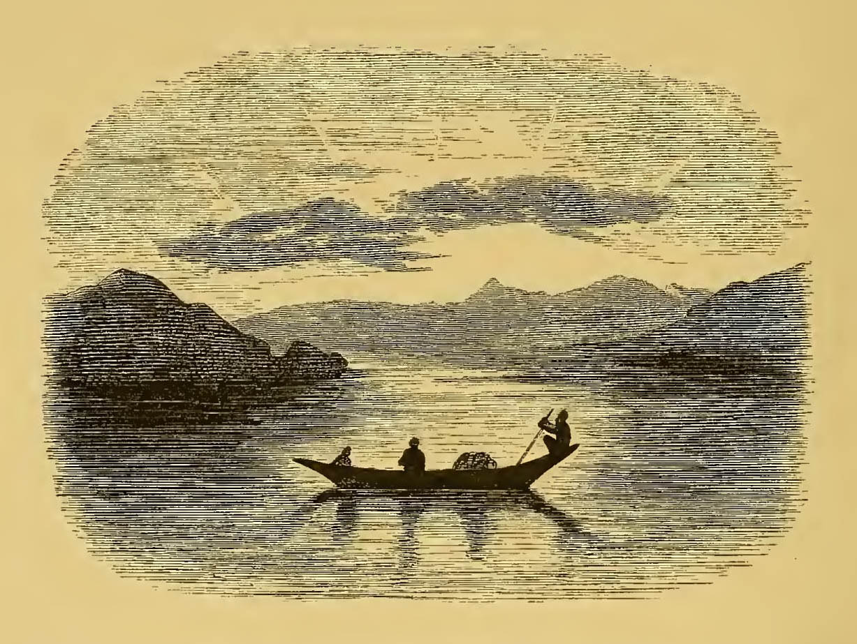sunset over water, boatman with long pole steers boat with two passengers