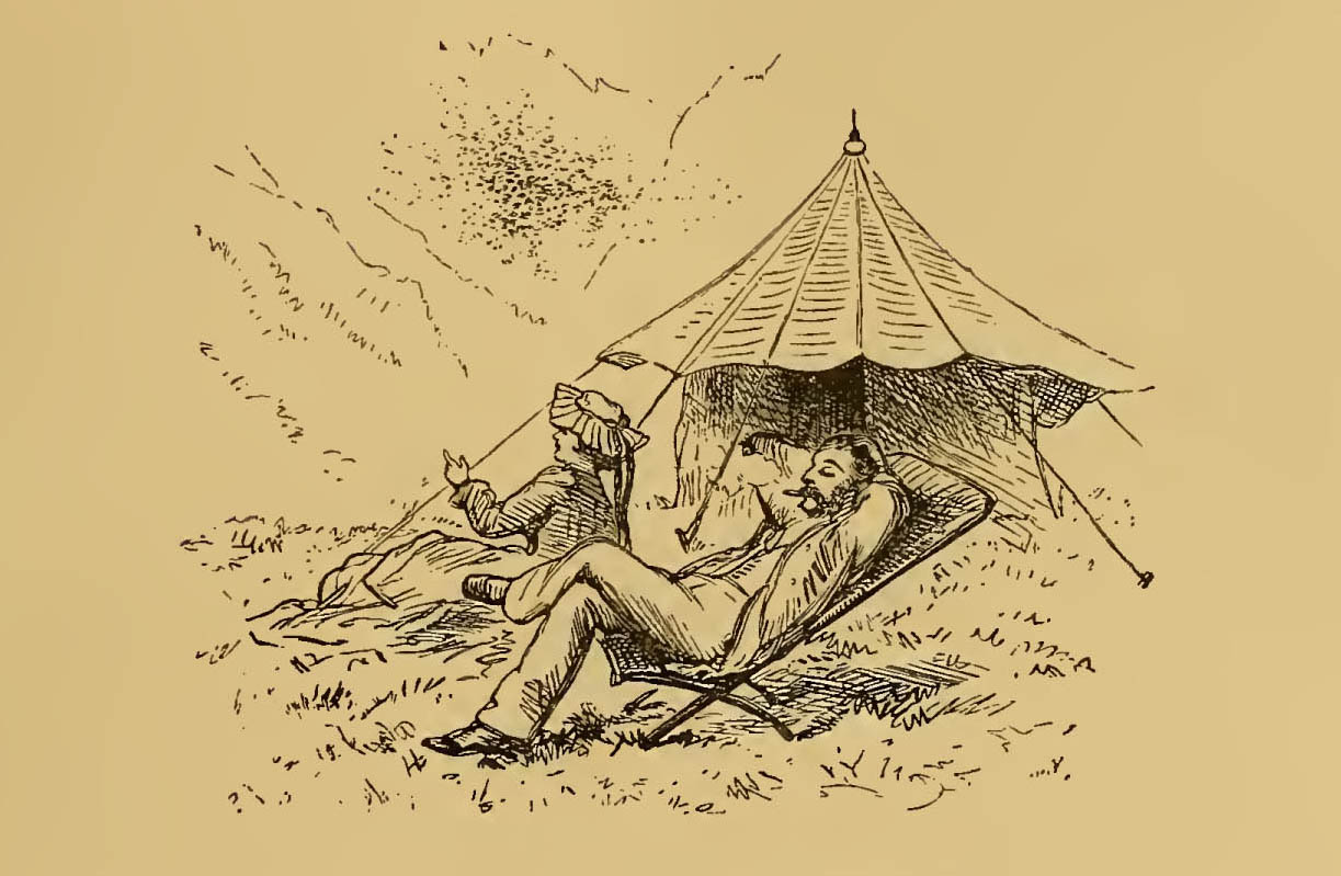 man and women reclining on chairs by tent