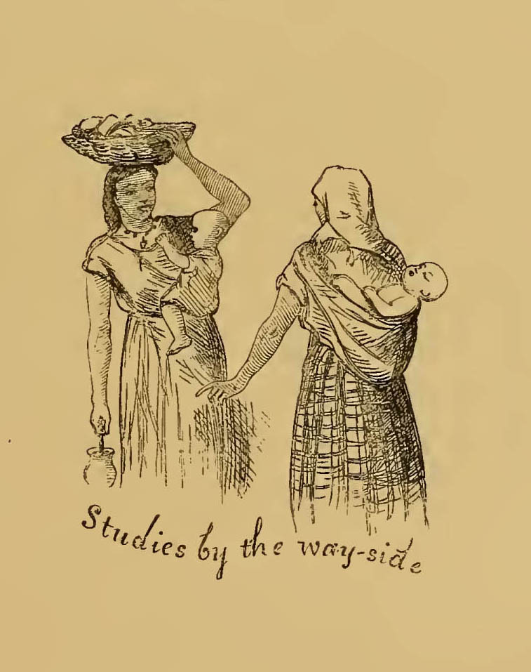 two woman carrying babies in wraps around their bodies, caption: studies by the way-side