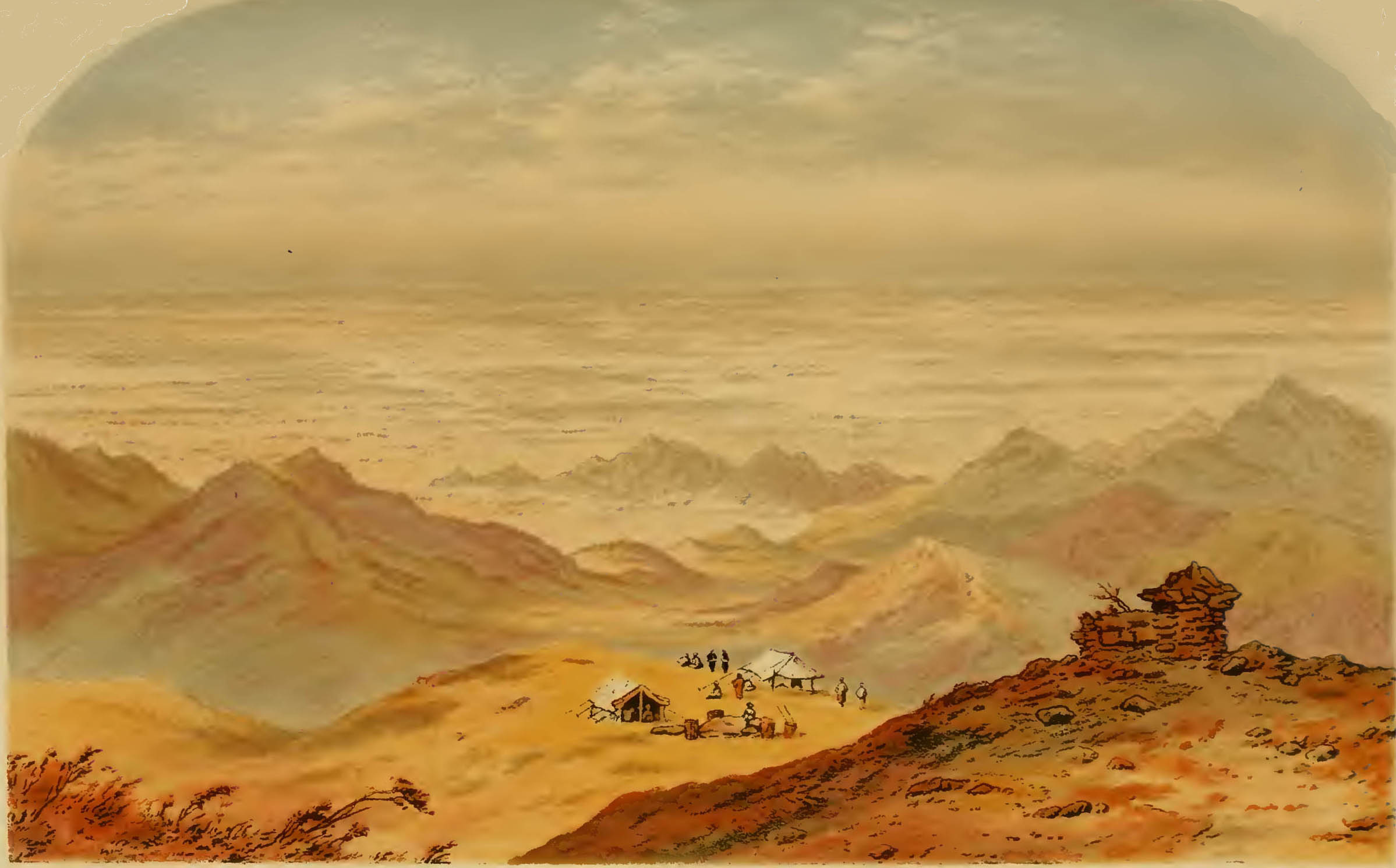 sandy plains with mountains in background, caption: The Plains of Nepaul, from Mt. Tongloo