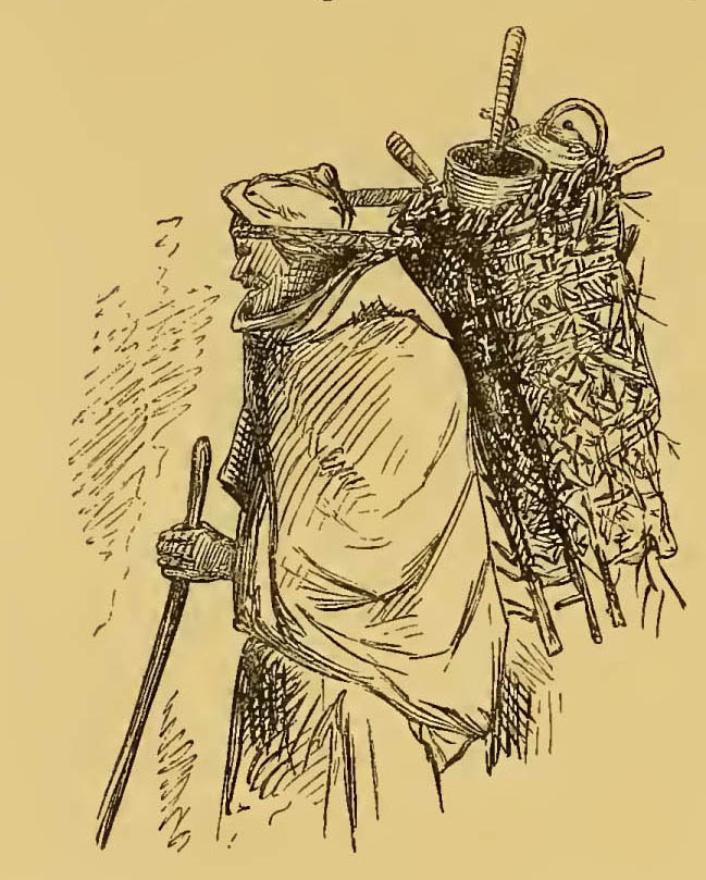 man carrying basket on back, top part of basket strpped to his head