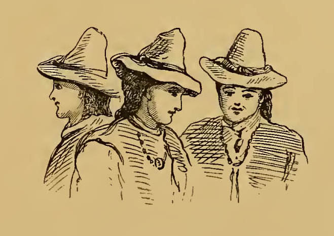 three women wearing conical caps