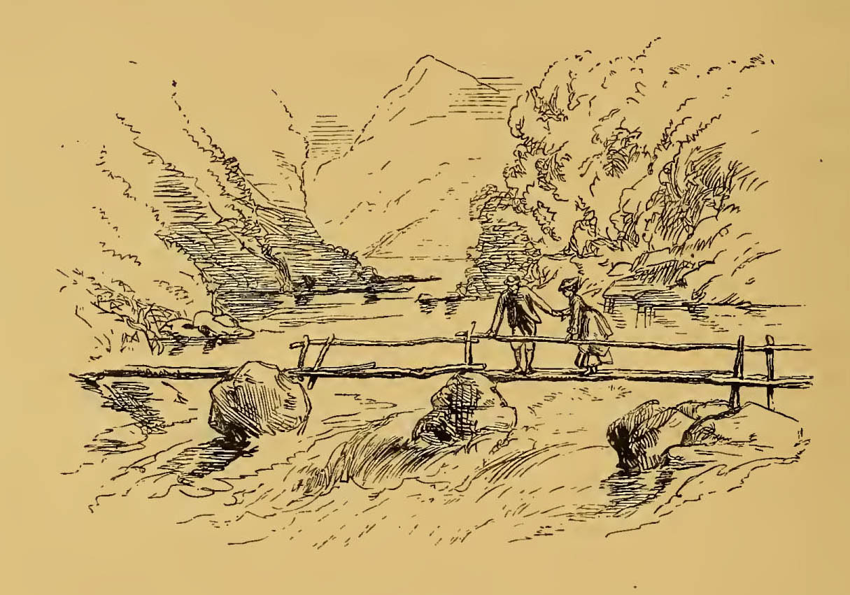 man and woman crossing small bridge over a river