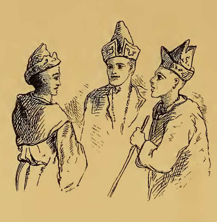 three men with conical hats