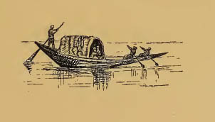 partially covered boat with three men rowing