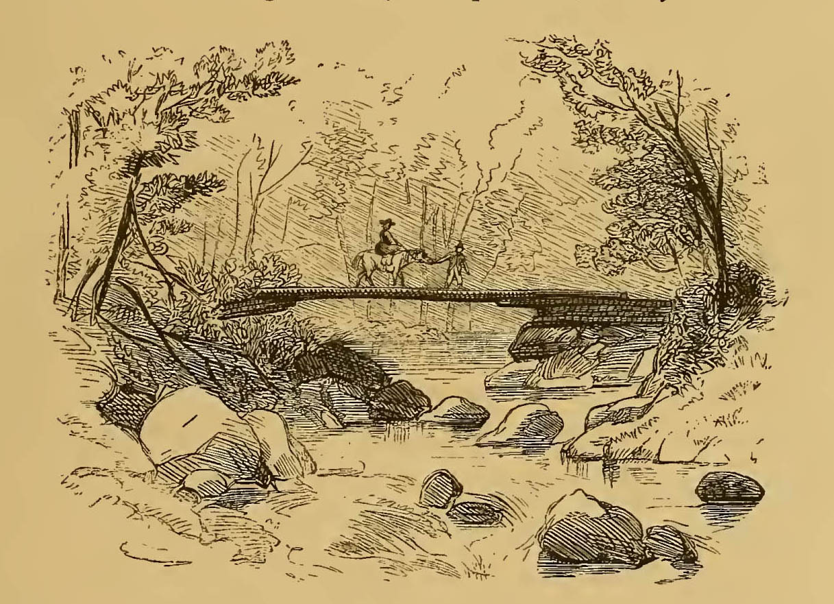 woman being led on horseback crossing bridge over river
