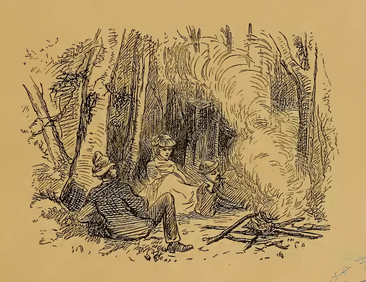 woman and two men sitting around a campfire