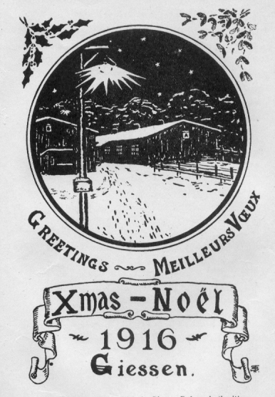 Holiday card for Christmas 1916 with a snowy scene bordered by sprigs of holly and mistletoe.