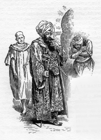 Ali Banu walking as someone bows to him and another looks on adoringly.