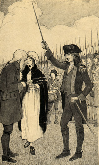 general raising sword in tribute over an old man, young woman stands near him and an army stands behind
