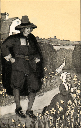 young girl smelling flowers, man standing with her