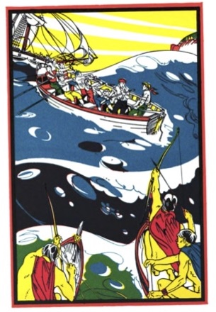 a long boat with sailors pursued by two canoes with arrows ready to fire