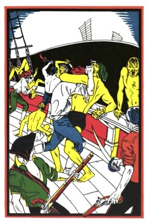 crewmen and pirates fighting with swords on board ship