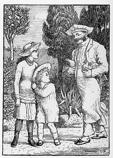 young boy and girl talk with man who is carrying chickens