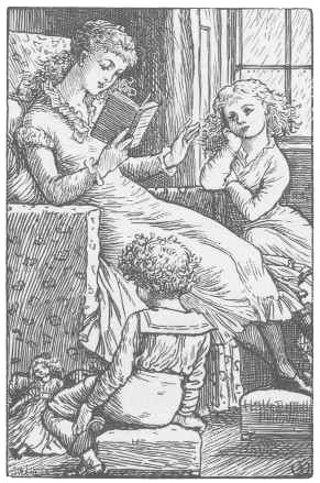 woman reading a book to a young girl and boy