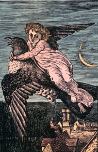 girl clinging to cuckoo's back while it flys through the night sky
