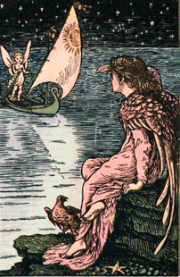 girl sitting on shore with cuckoo watching a boat in the distance steered by a fairy