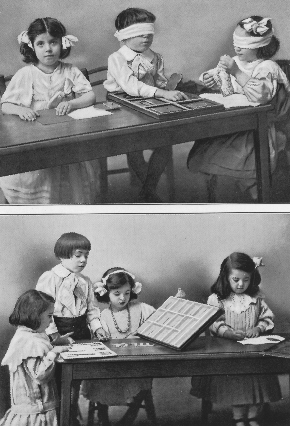 three children, two with blindfolds, touching wooden squares with insets; four children learning letters by touch