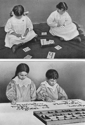 two children touching cards with letters; two children making words with cardboard letters