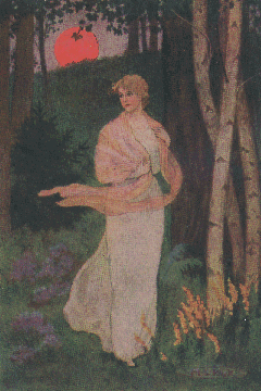 woman in long dress and shawl looking over her shoulder on a wooded path at sunset