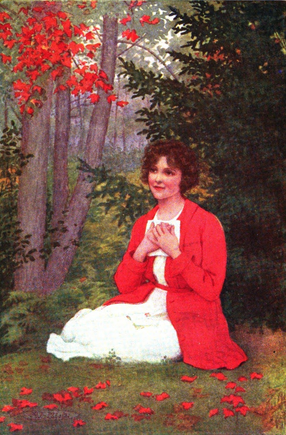woman in white dress and red coat sitting in the woods holding a letter