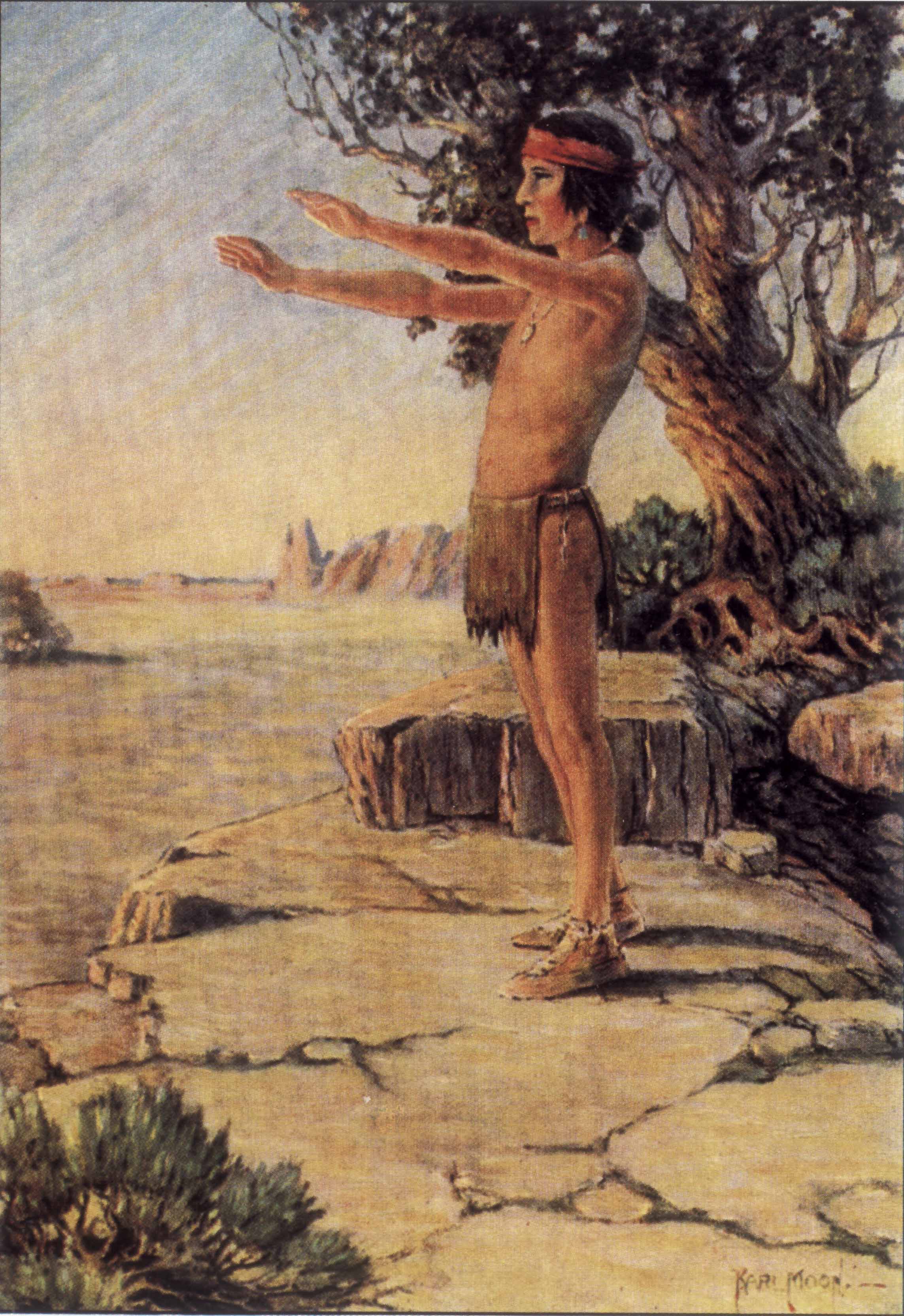 Native American man with arms outstretched. Caption: 'He raised his arms in salutation to the Great Light-Maker.'