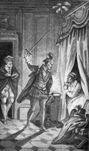 man with sword glaring at man wearing nightcap in bed, servant watching from the door