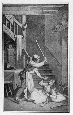 man with stick standing above woman half-lying on the floor, stick raised as if to beat her