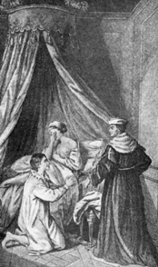 clerk kneels on the floor, pleading with husband, standing, who wears a long robe; wife in bed hides her face with her hand