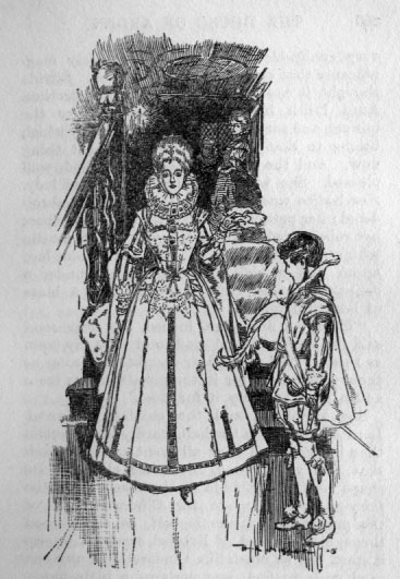 Lady standing tall, in a high collared dress, Edred stands to the side.