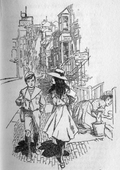 Boy and girl strolling down a brick sidewalk. A woman scrubbing steps looks on.