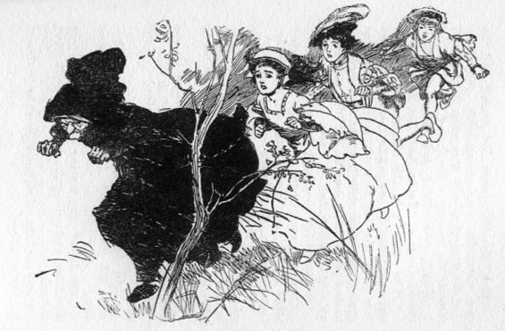Witch in black cloak running with children close behind.