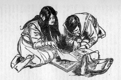 Elfrida and Edred poring over a book.