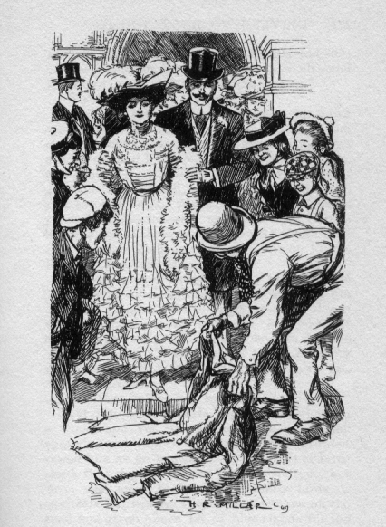 Fancily dressed woman surrounded by people, a man bows before her as he spreads his coat on the ground before her.