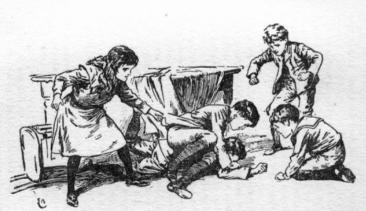 Two boys fighting, girl trying to break it up, other boys watching and egging them on.