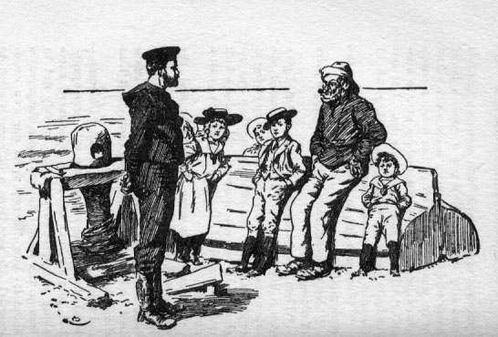 Men and children leaning on a turned-over canoe with the coastguardsman standing nearby.