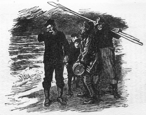 Group standing at the ocean's edge dressed in long pants and hats.