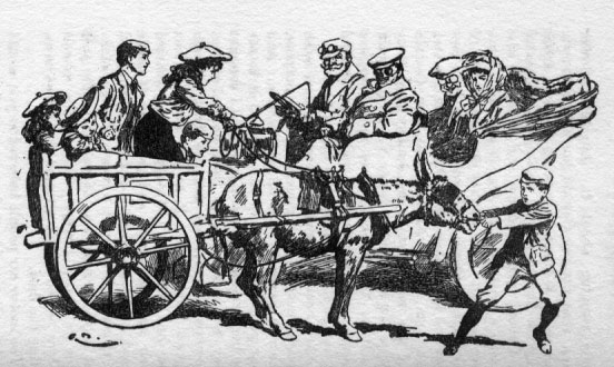 Children on a cart with a stubborn donkey that won't budge. Elizabeth is whipping it while one of the boys tries to pull it forward. 