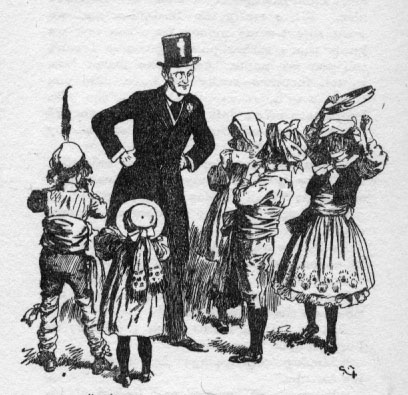 Man with a monocle and top hat standing in front of the children.