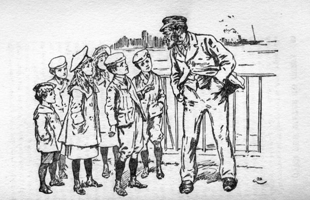 Sailor standing and looking at the children.