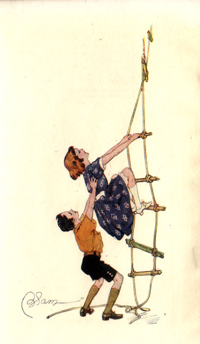 Boy helping girl up rope ladder.