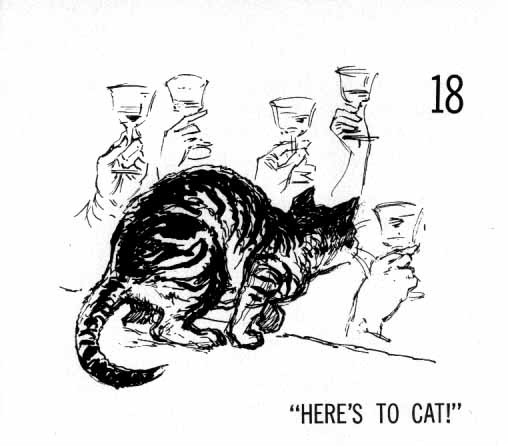 Chapter Eighteen: Here's to Cat! Several hands holding up glasses and Cat, looking ready to pounce.
