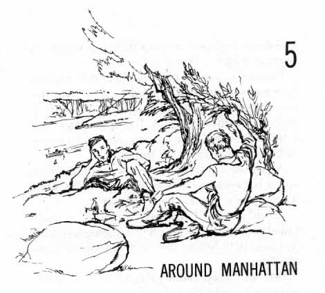 Chapter Five: Around Manhattan. Two boys relaxing under some trees.
