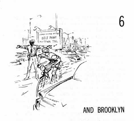 Chapter Six: And Brooklyn. Boy on bike riding past an officer and a sign that says Belt Parkway, Midtown Tunnel.