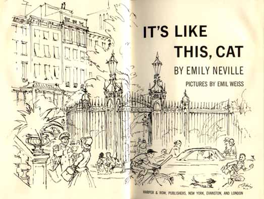 Title page opening spread, a drawing of a city scene with lots of people.